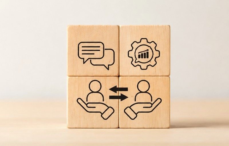 Cubes de bois portant des pictogrammes de dialogue, de progression et de deux personnes en échange